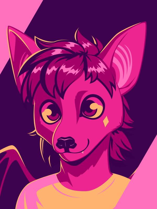 A vector portrait of an anthro bat, drawn in flat colors: dark purple, three shades of pink, and yellow