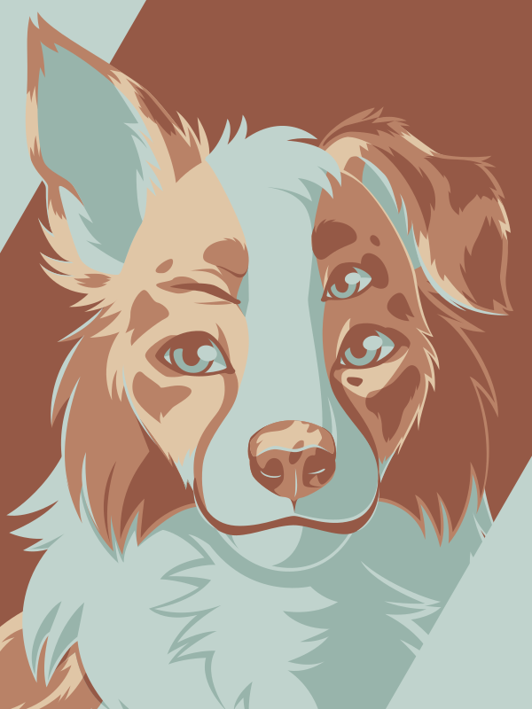 A vector portrait of an anthro herding-type dog with four eyes, drawn in flat colors: two shades of medium brown, two shades of light teal, and light yellow