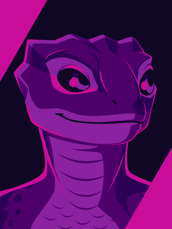 A vector portrait of an anthro crocodile skink, drawn in flat colors: black, pink, and three shades of purple