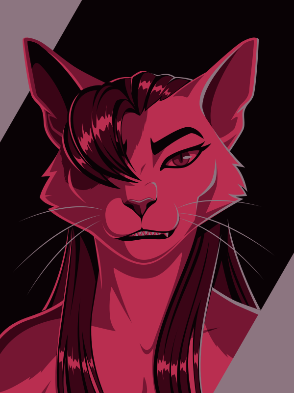 A vector portrait of an anthro cat with long hair, drawn in flat colors: black, gray, and three shades of pink-red