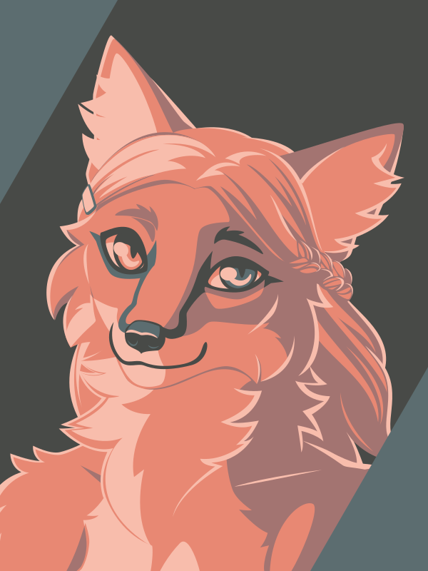 A vector portrait of an anthro fox with long hair and heterochromia, drawn in flat colors: dark gray, dark gray-blue, pink-brown, and two shades of peachy orange.