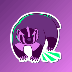 An abstract flat color illustration of a American badger, with a color scheme of dark purple and bright green