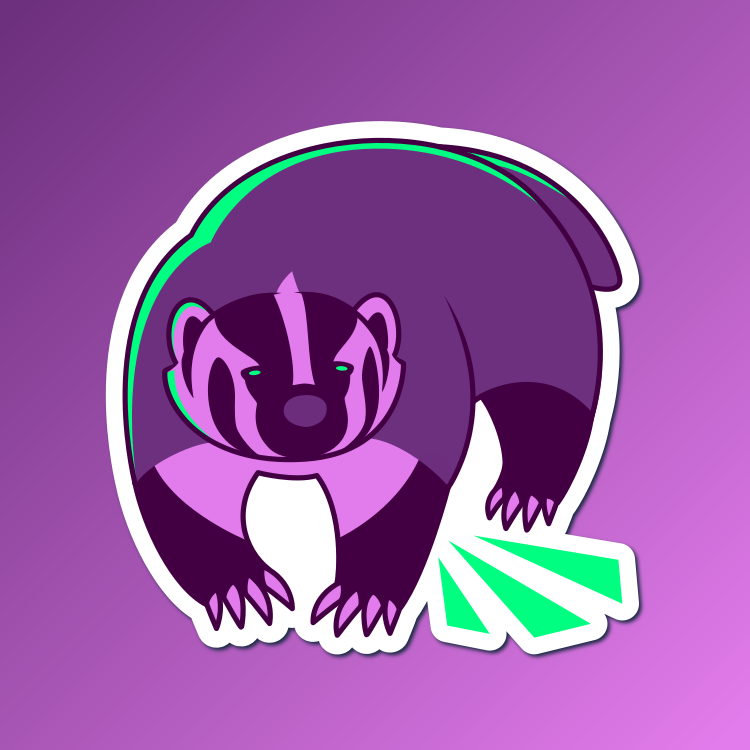 An abstract flat color illustration of a American badger, with a color scheme of dark purple and bright green