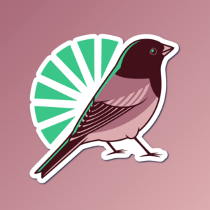 An abstract flat color illustration of a dark-eyed junco, with a color scheme of pale red and vivid green