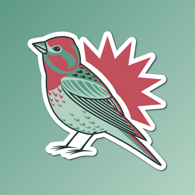 An abstract flat color illustration of a Cassin's finch, with a color scheme of pale green and deep red