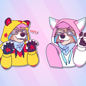Telegram stickers of an anthro dog with glasses and a bandana. They're brandishing their claws and growling while wearing a yellow raccoon hoodie; and sticking out their tongue and making a peace symbol while wearing a pink fox hoodie
