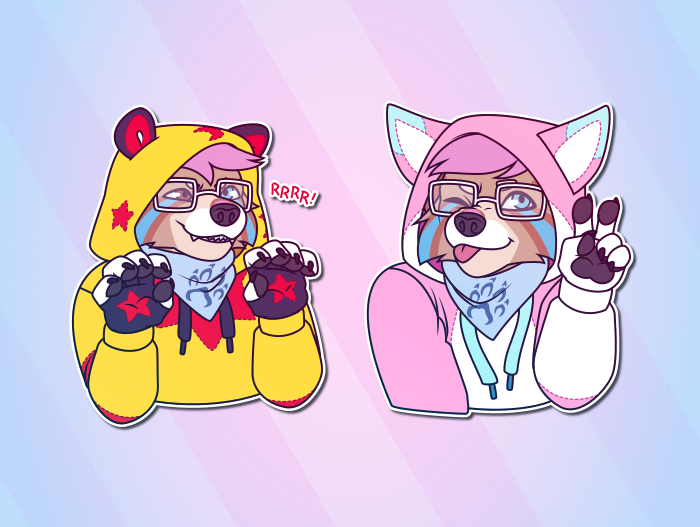 Telegram stickers of an anthro dog with glasses and a bandana. They're brandishing their claws and growling while wearing a yellow raccoon hoodie; and sticking out their tongue and making a peace symbol while wearing a pink fox hoodie