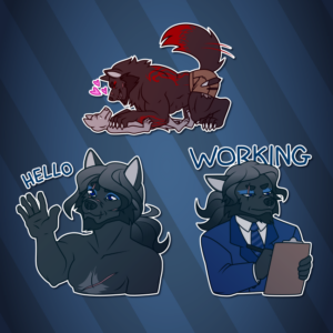 Telegram stickers of a scarred and grizzled anthro wolf. In them, he pounces excitedly on another character in his larger werewolf form; waves hello in his regular form; and wears a suit and consults a clipboard with the text "working" behind him.