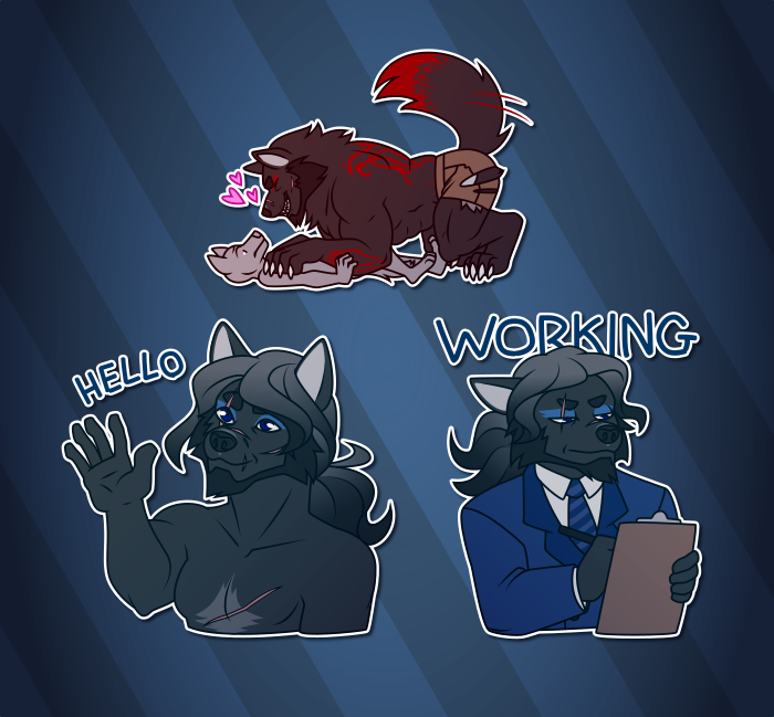 Telegram stickers of a scarred and grizzled anthro wolf. In them, he pounces excitedly on another character in his larger werewolf form; waves hello in his regular form; and wears a suit and consults a clipboard with the text "working" behind him.