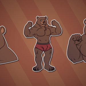 Telegram stickers of a werebear. In them, he grins happily; flexes his biceps; and raises his fists, ready to fight.