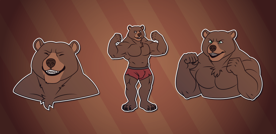 Telegram stickers of a werebear. In them, he grins happily; flexes his biceps; and raises his fists, ready to fight.