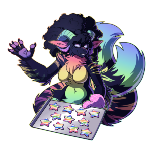 Halfbody illustration of an anthro goat/tiger hybrid wearing glasses. She has rainbow markings, goat horns, and two fluffy tiger tails. She waves with one paw and holds a pan of fancy star-shaped cookies in the other.
