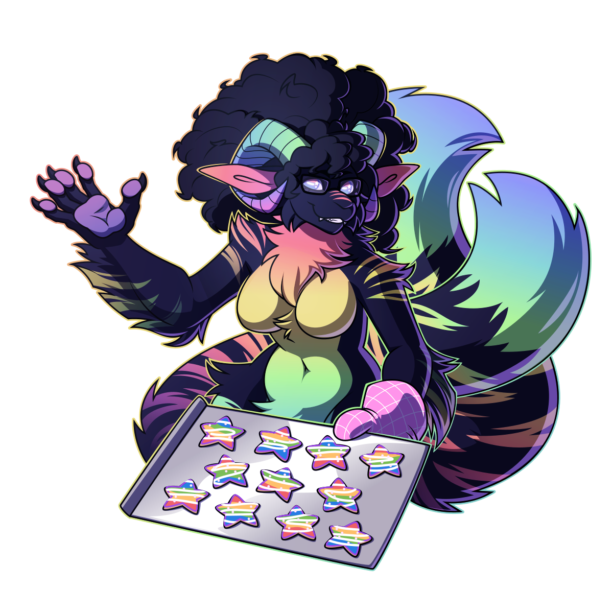 Halfbody illustration of an anthro goat/tiger hybrid wearing glasses. She has rainbow markings, goat horns, and two fluffy tiger tails. She waves with one paw and holds a pan of fancy star-shaped cookies in the other.