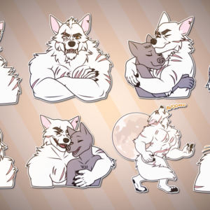 Telegram stickers of a scar-covered anthro white wolf. In them, he smiles slyly; crosses his arms and grins in his larger werewolf form; hugs another character; hugs a much smaller character in his werewolf form, slightly crushing them; snarls at someone; laughs while wrapping an arm around another character; howls at the full moon in his werewolf form; and laughs quietly.