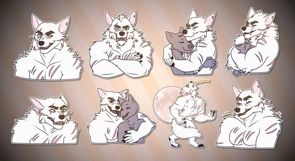 Telegram stickers of a scar-covered anthro white wolf. In them, he smiles slyly; crosses his arms and grins in his larger werewolf form; hugs another character; hugs a much smaller character in his werewolf form, slightly crushing them; snarls at someone; laughs while wrapping an arm around another character; howls at the full moon in his werewolf form; and laughs quietly.