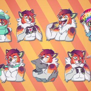 Telegram stickers of an anthro fox/wolf hybrid. In them, he shivers while wrapped up in a hat and scarf, dusted in snow; smiles brightly and makes a heart shape with his hands; points hungrily at his open, drooling maw; wears medical scrubs and spreads his arms wide, as a rainbow with the word "DRUGS" appears above him; holds out a leash connected to his own collar, looking flirty; somberly hugs another character who appears to be upset; and blushes eagerly, saying "huff!"