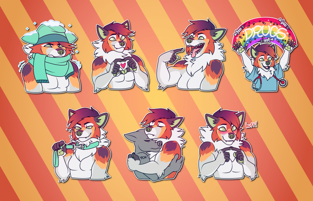 Telegram stickers of an anthro fox/wolf hybrid. In them, he shivers while wrapped up in a hat and scarf, dusted in snow; smiles brightly and makes a heart shape with his hands; points hungrily at his open, drooling maw; wears medical scrubs and spreads his arms wide, as a rainbow with the word "DRUGS" appears above him; holds out a leash connected to his own collar, looking flirty; somberly hugs another character who appears to be upset; and blushes eagerly, saying "huff!"