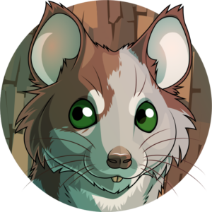 A vector portrait of an anthro mouse with large green eyes and patchy markings. Behind them is a treebark-like background