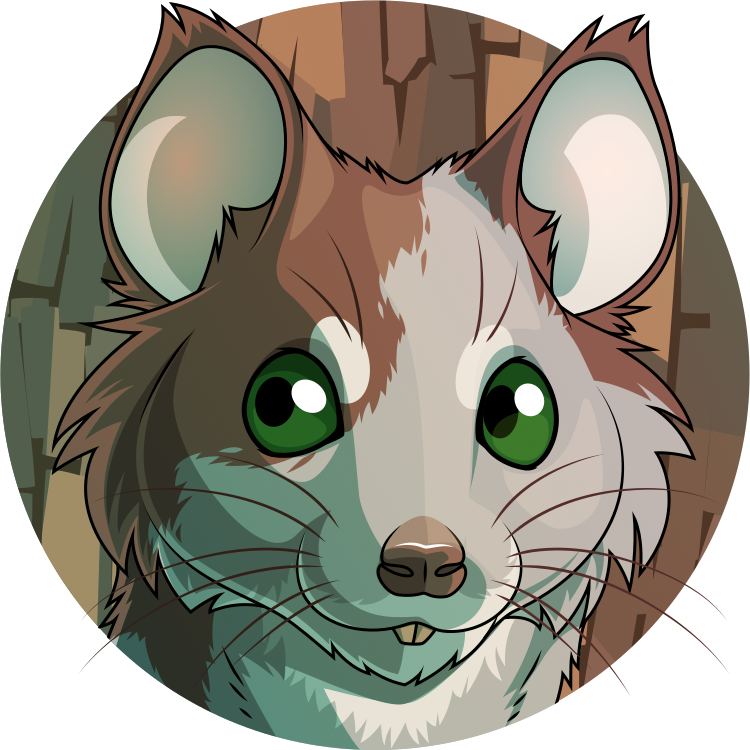 A vector portrait of an anthro mouse with large green eyes and patchy markings. Behind them is a treebark-like background