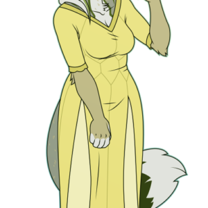 A flat-colored illustration of an anthro gray and green coyote wearing a yellow dress