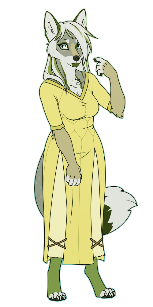 A flat-colored illustration of an anthro gray and green coyote wearing a yellow dress
