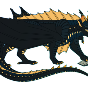 A flat-colored illustration of a western-type dragon leaning down and peering at an open book on the ground