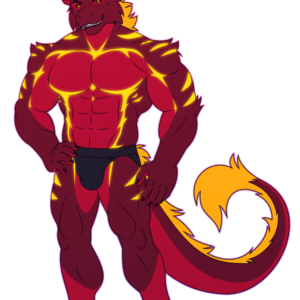 A flat-colored illustration of a muscular anthro dragon with glowing markings wearing a jock strap