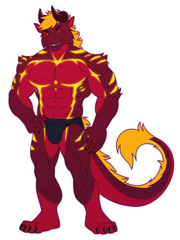 A flat-colored illustration of a muscular anthro dragon with glowing markings wearing a jock strap