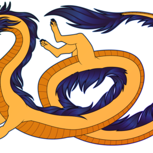 A flat-colored illustration of an eastern-type dragon with an iridescent mane and antlers, floating and curling around himself playfully