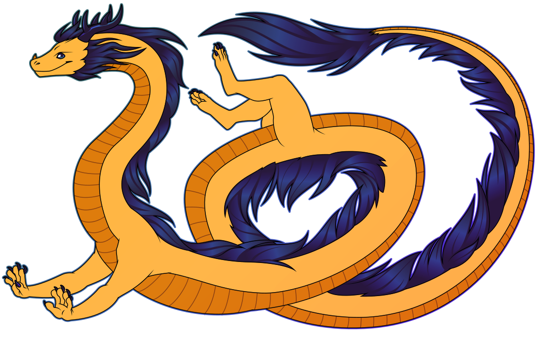 A flat-colored illustration of an eastern-type dragon with an iridescent mane and antlers, floating and curling around himself playfully