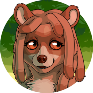 A vector portrait of an anthro tanuki with locs. Behind them is a leafy, verdant setting.