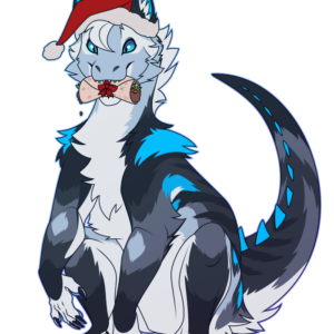 A flat-colored illustration of a fluffy raptor-type dinosaur wearing a santa hat and holding a gift-wrapped burrito in her maw