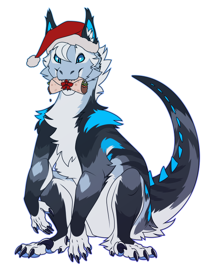A flat-colored illustration of a fluffy raptor-type dinosaur wearing a santa hat and holding a gift-wrapped burrito in her maw