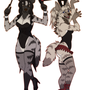 A flat-colored illustration of two anthro striped hyena girls. One is dressed like a magician and posed with a hat and wand, and the other is striking a pose in a bunny outfit.