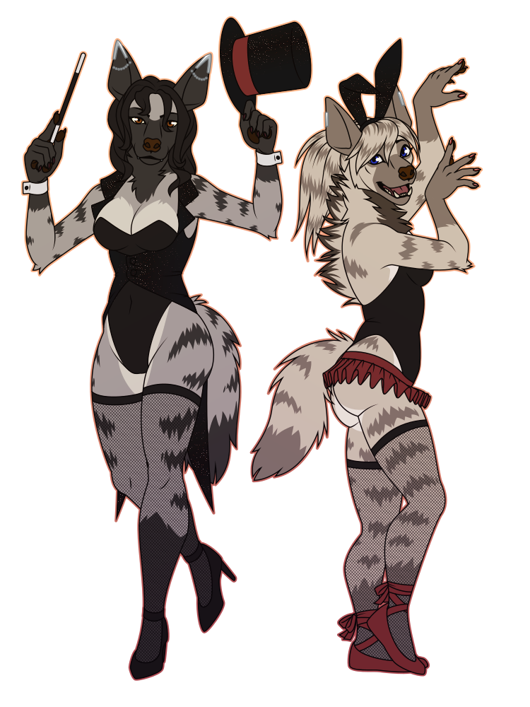 A flat-colored illustration of two anthro striped hyena girls. One is dressed like a magician and posed with a hat and wand, and the other is striking a pose in a bunny outfit.