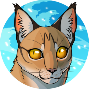 A vector portrait of a feral wild cat character with large yellow eyes and tufted ears. Behind him is a clear blue sky with specks of white light.