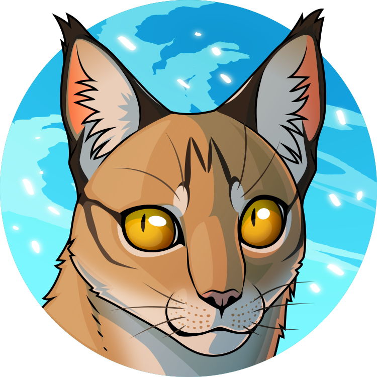 A vector portrait of a feral wild cat character with large yellow eyes and tufted ears. Behind him is a clear blue sky with specks of white light.
