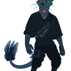 A flat-colored illustration of an anthro fox with a feathered mane and tail, wearing a red collar and black techwear
