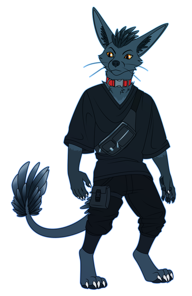 A flat-colored illustration of an anthro fox with a feathered mane and tail, wearing a red collar and black techwear