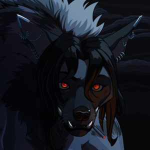 A vector portrait of a slightly monstrous striped hyena gnoll with large tusk-like bottom teeth and many ear piercings. A lit cigarette hangs from her mouth and she looks forward with purpose, her eyeshine glowing in the moonlit night.