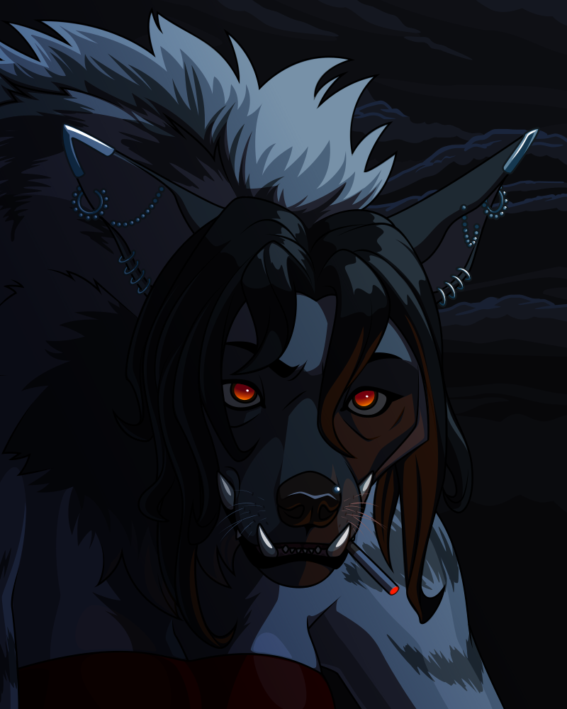 A vector portrait of a slightly monstrous striped hyena gnoll with large tusk-like bottom teeth and many ear piercings. A lit cigarette hangs from her mouth and she looks forward with purpose, her eyeshine glowing in the moonlit night.