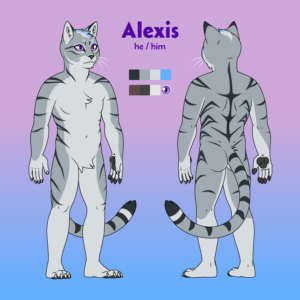 A ref sheet of a gray cat named Alexis. He uses he/him pronouns. He has a tuft of light fur with blue streaks on the top of his head, amethyst eyes, and a smattering of dark stripes on his body.