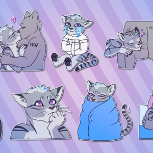 Telegram stickers of an anthro cat. In them, he blushes and looks away; kisses another character; sits on the floor in a straitjacket shedding copious tears; sleeps with his head in another character's lap; peeks out from behind a corner; sticks his tongue out, looking smug and mischievous; looks disturbed and concerned; snuggles in a blanket burrito with an annoyed expression; and cuddles in bed with another character.