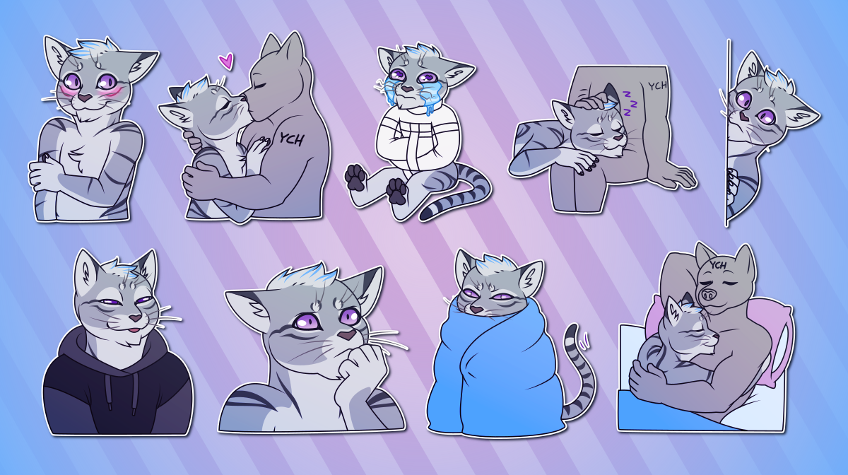 Telegram stickers of an anthro cat. In them, he blushes and looks away; kisses another character; sits on the floor in a straitjacket shedding copious tears; sleeps with his head in another character's lap; peeks out from behind a corner; sticks his tongue out, looking smug and mischievous; looks disturbed and concerned; snuggles in a blanket burrito with an annoyed expression; and cuddles in bed with another character.