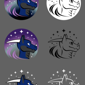 Six logos, all featuring similar profile illustrations of an anthro dragon with pointed ears, long horns, and a small horn on his nose. Around him are curved shapes resembling an abstract aurora or spiral galaxy, and several stars. The logos come in flat colors with two possible gradient backgrounds or no background, as well as a black line drawing on a white ground, and line versions without backgrounds in both black and white.