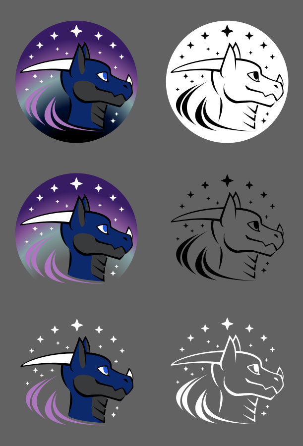 Six logos, all featuring similar profile illustrations of an anthro dragon with pointed ears, long horns, and a small horn on his nose. Around him are curved shapes resembling an abstract aurora or spiral galaxy, and several stars. The logos come in flat colors with two possible gradient backgrounds or no background, as well as a black line drawing on a white ground, and line versions without backgrounds in both black and white.