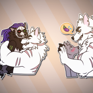 Telegram stickers of a scar-covered white werewolf. In them, he hugs and lifts up another character, an anthro wolf-like woman with a skull for a face; and stares down another smaller character while an eggplant emoji in a speech bubble floats overhead.