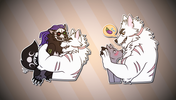 Telegram stickers of a scar-covered white werewolf. In them, he hugs and lifts up another character, an anthro wolf-like woman with a skull for a face; and stares down another smaller character while an eggplant emoji in a speech bubble floats overhead.