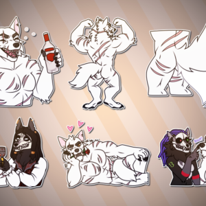 Telegram stickers of a scar-covered anthro white wolf. In them, he laughs while holding a bottle of vodka; flexes in his werewolf form, showing off his back muscles; wags his tail in his werewolf form; drinks vodka with a fancy-dressed skull-faced anthro holding a too-fancy goblet of something; poses, in werewolf form, on his side romantically with a rose in his mouth and hearts around him; and looks dumbfounded in werewolf form as his friend, a skull-faced anthro, boops his nose with her clawed finger.