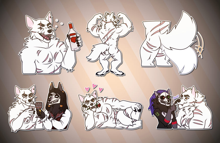 Telegram stickers of a scar-covered anthro white wolf. In them, he laughs while holding a bottle of vodka; flexes in his werewolf form, showing off his back muscles; wags his tail in his werewolf form; drinks vodka with a fancy-dressed skull-faced anthro holding a too-fancy goblet of something; poses, in werewolf form, on his side romantically with a rose in his mouth and hearts around him; and looks dumbfounded in werewolf form as his friend, a skull-faced anthro, boops his nose with her clawed finger.